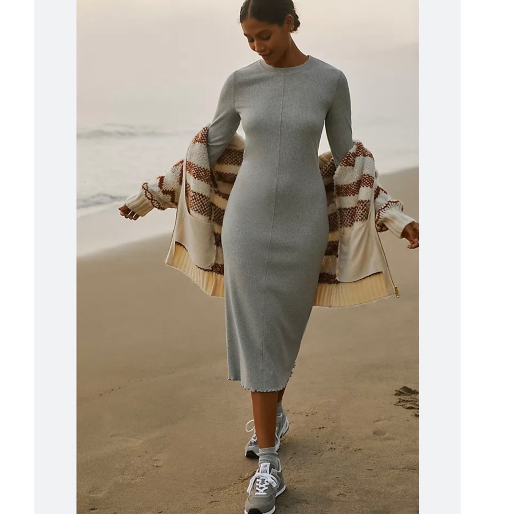 SWEATY BETTY RIBBED LONG SLEEVE GRAY MIDI DRESS NWT! SzM